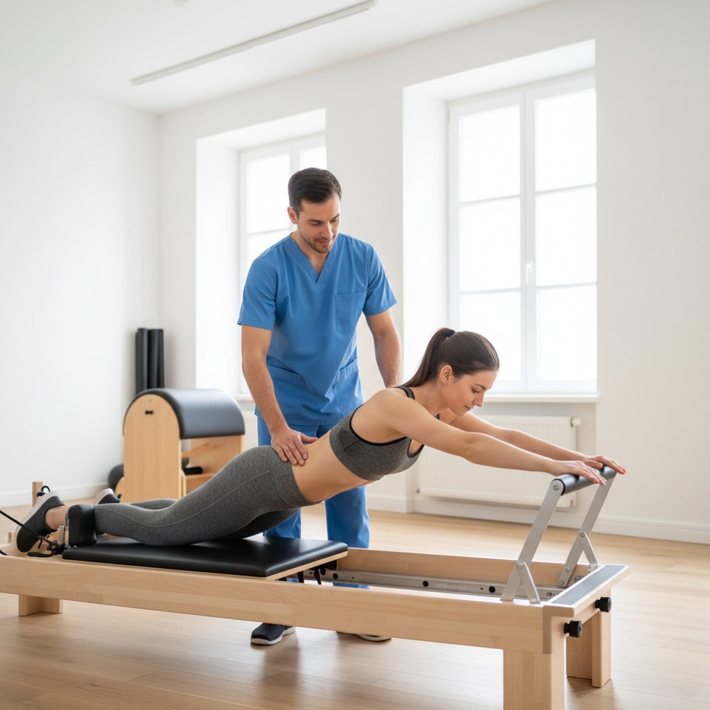 Omurga rehabilitasyonu seansında reformer çalışması