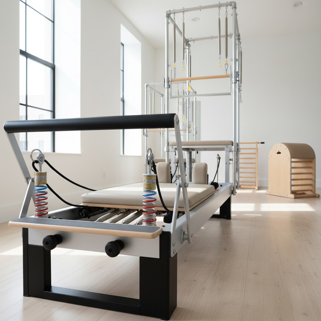 White Pilates stüdyosunda reformer ve cadillac ekipmanları